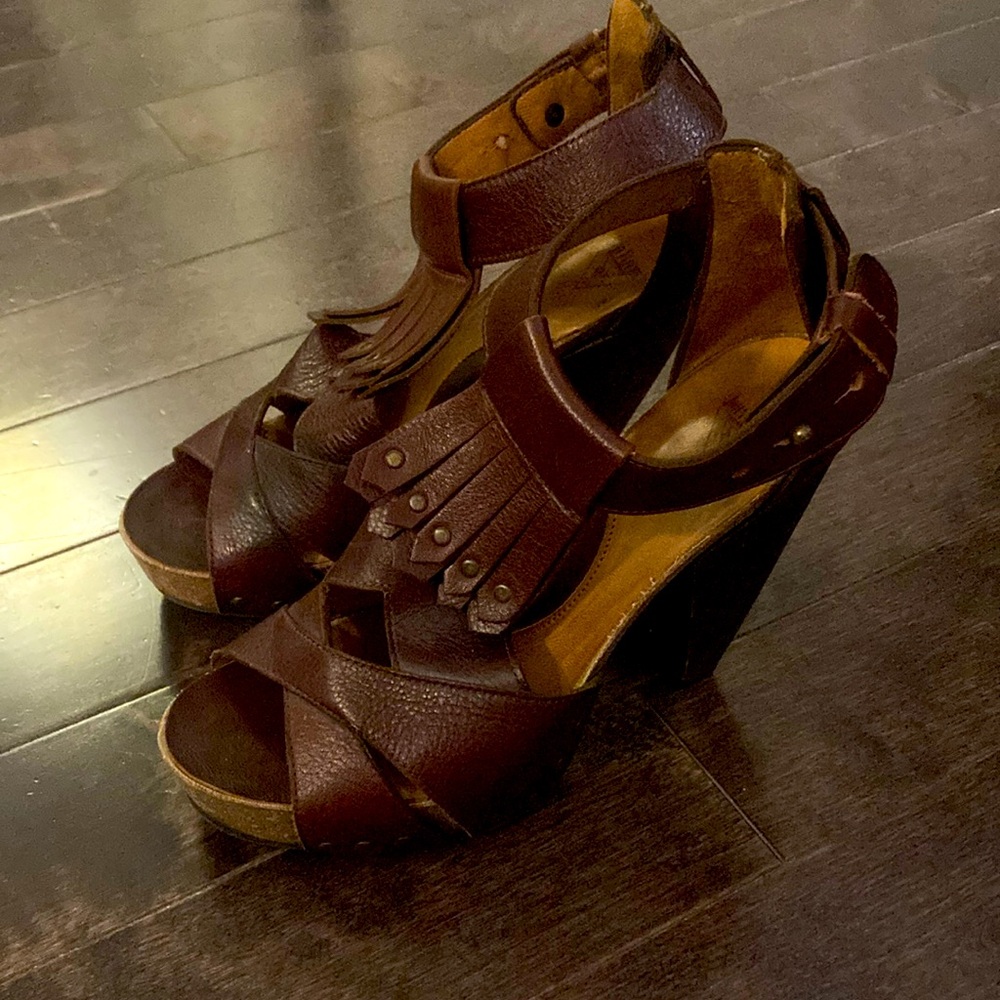 Fluevog Goodall Brown Leather Heeled Sandals with fringe